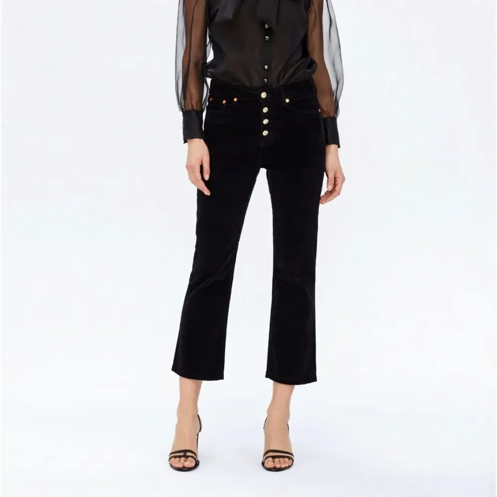 Zara Woman High-Rise Corduroy Button-Fly Cropped Kick Flare Pants